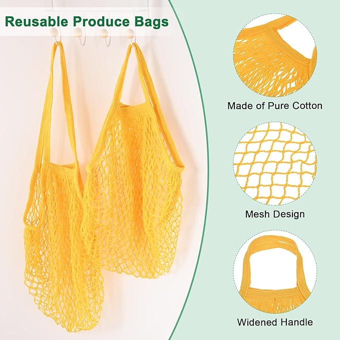 2-Pack Cotton Mesh Bag, Reusable Washable Mesh Net String Grocery Bags, Reusable Produce Bags with Handle, Net Tote Bag for Fruits/Vegetables Shopping [Yellow, Long&Short Handle]