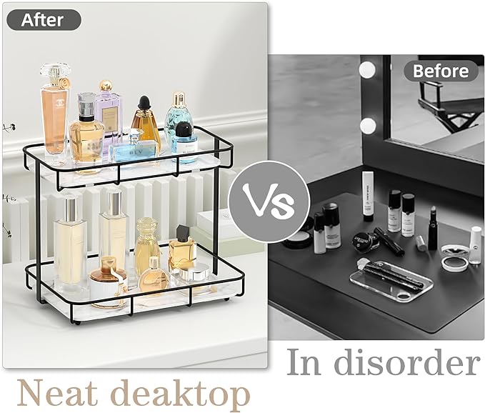 Bathroom Organizer Countertop Perfume Organizer Makeup Organizer Cosmetics Storage Display Rack Vanity Tray Dresser Stainless Steel Gold Shelf White Marble Ceramic Tray