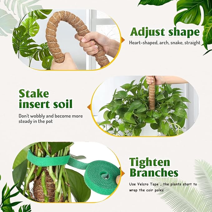 3 Pack Bendable Moss Pole 28" 48" 63" Monstera Plant Support Stakes for Climbing Indoor Plants -Tall Coir Plant Pole Sticks Support Stakes for Potted Plant, Pothos, Philodendron Houseplants
