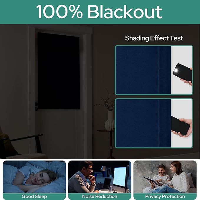 HOMEIDEAS 100% Linen Blackout French Door Curtains, Privacy Door Window Curtains, 26 X 40 Inch Room Darkening Blinds, Thermal Insulated Shades for Bedroom, 1 Panel, Navy