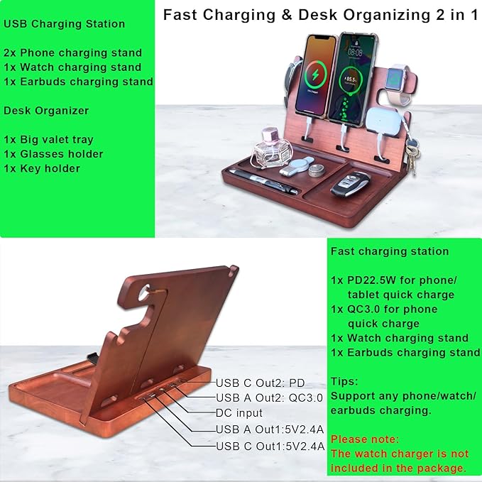 USB Charging Station for Multiple Devices Wood Phone Docking Station with QC3.0 & PD 22.5W Type c Charger Fast Charging for iPhone Samsung Google Andriod Smart Watch Earbuds Gifts for Men
