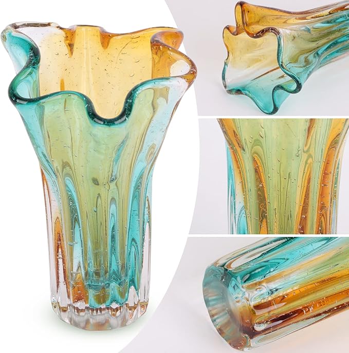 Hand Blown Wide Mouth Petal Glass vase, Colorful Modern Glass Art Home Decoration vase for Family Living Room, Wedding Venue, Dining Table Centerpiece, entryway Tabletop