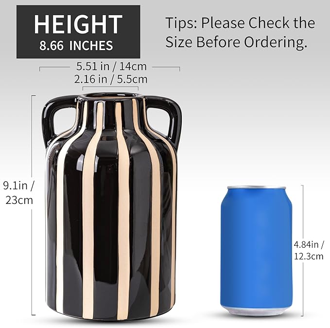 Black and White Vase with Handles, Ceramic Modern Flower Decorative Vases for Home Decor, Mantle, Rustic Table Centerpiece, Large Vases for Decor Living Room, Black Stripes Vase for Bouquet 9.1 in