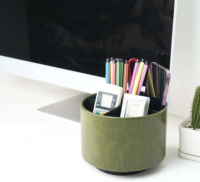 Hennaja Round Leather Art Supply Organizer,Remote Control Holder,360 Degree Spinning,Multi-Functional Pencil Holder,4 Compartments Desktop Stationary Organizer(1-Oil Green)