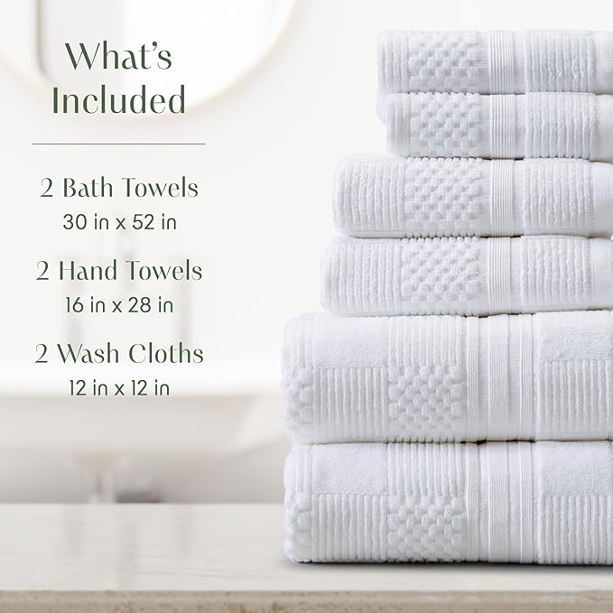 Springtree Home 100% Cotton Bathroom Towel Set | 6 Piece Set - White Towels | Geometric Textured Design | Absorbent & Quick-Dry | Oeko-TEX® Standard 100 Cotton | Myla Collection - White