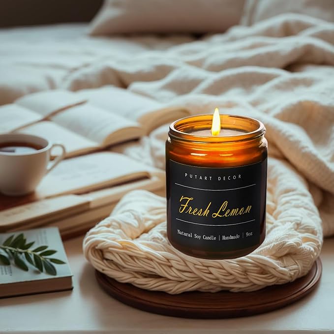 Fresh Lemon Candles for Home Scented, Natural Soy Aromatherapy Non Toxic Candles with Long Lasting Fragrance & Clean Burn, Luxury Jar Candle Gift for Women, Men, Home Decoration 9oz