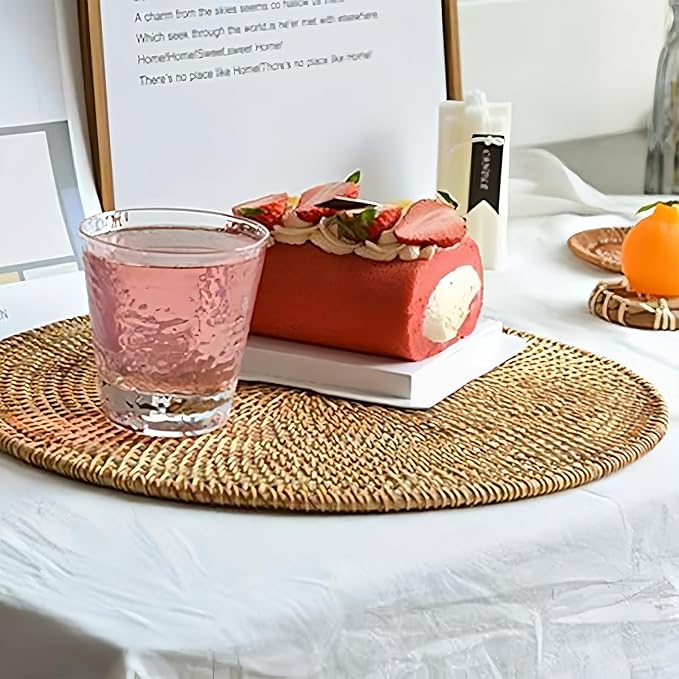 Round Woven Placemats, 13.7in Round Rattan Placemats Table Placemat Multifunctional Oval Tableware Mats Farmhouse Braided Place Mats for Indoor Decor Dining Supplies