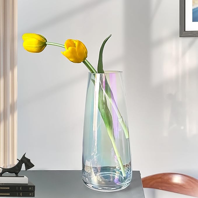 Aoderun Flower Vase Modern Home Decor Glass Vase for Bouquet 8.7" Centerpiece Decor Room Living Room Library Office Table Entryway Modern Farmhouse(Iridescent Clear)
