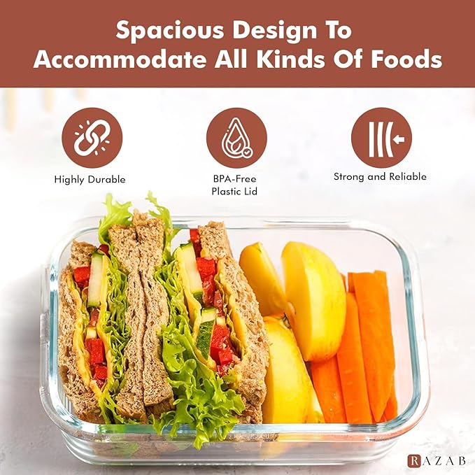 Razab 35 Pc Set Glass Food Storage Containers with Lids - Meal Prep Airtight Bento Boxes BPA-Free 100% Leak Proof (15 lids,15 glass & 5 Plastic Sauce/Dip Containers)