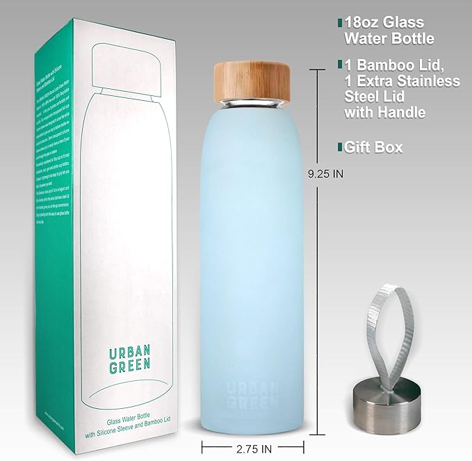 Glass Water Bottle with Protective Silicone Sleeve and Bamboo Lid by Urban green, 18oz, 1extra 304 Stainless Steel Lid with Handle, BPA Free, Dishwasher Safe, Gift Box, Mother's Day Gift