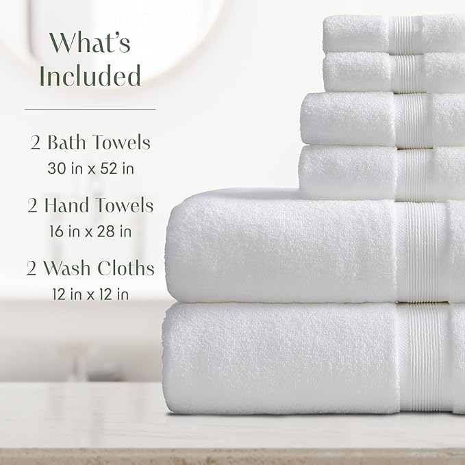 Springtree Home Luxury Bamboo Rayon Bath Towel Set 6 Piece Set | 35% Bamboo Rayon - 65% Zero Twist Cotton | Absorbent Quick-Dry Towels for Bathroom | Oeko-TEX Standard 100 Cotton | White