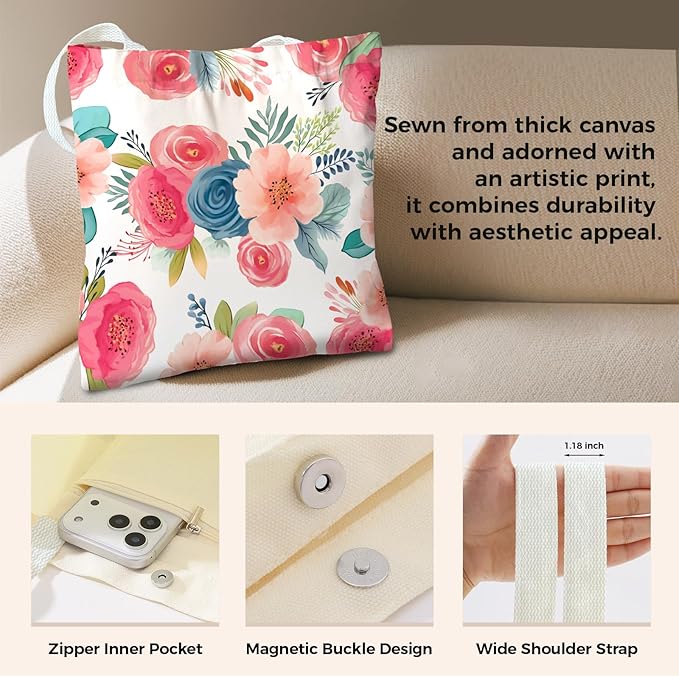 Cute Aesthetic Canvas Tote Bag for Women, Reusable Foldable Shopping Cotton Shoulder Totebag with Zipper Pocket