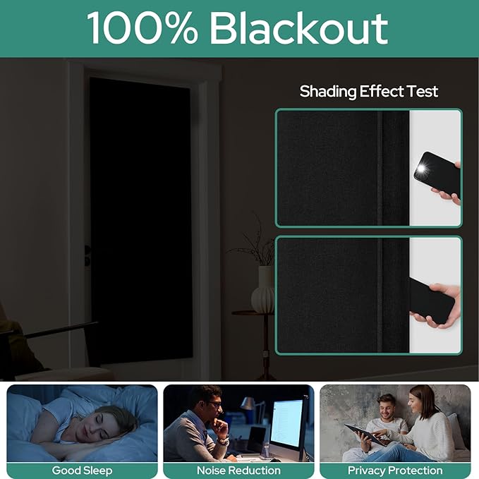 HOMEIDEAS 100% Linen Blackout French Door Curtains, Privacy Door Window Curtains, 26 X 68 Inch Room Darkening Blinds, Thermal Insulated Shades for Bedroom, 1 Panel, Black