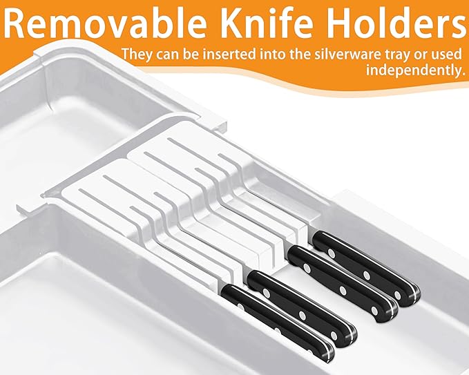 Kitchen Drawer Organizer Large Expandable Silverware Organizer, Utensil Holder and Flatware Tray, Kitchen Spatula Tools and Gadgets Storage with Removable Knife Blocks and 3 Dividers, White