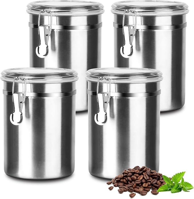 Coffee Canister 4 Pcs Stainless Steel Food Container with Clear Lids Airtight Container Stackable Canisters Kitchen Pantry Storage for Cereal, Snacks, Candy, Herbs, Spices, Sugar, Tea (1.8L Silver-4)