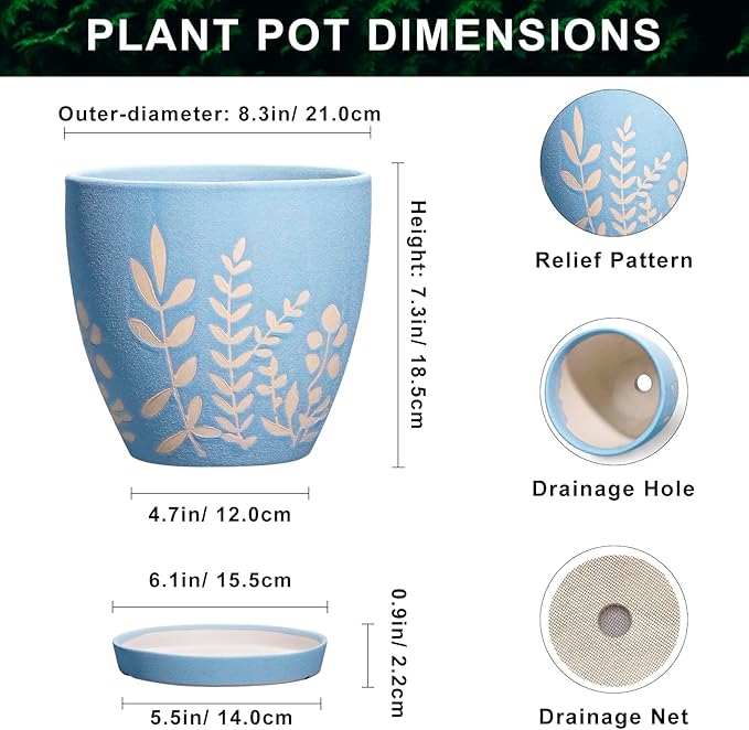 8 Inch Ceramic Plant Pot with Drainage and Saucer - Round Flower Pot for Indoor Outdoor Plants, Round Planter, Desk Office Room Home Decor, Gifts for Plant Lovers, Blue