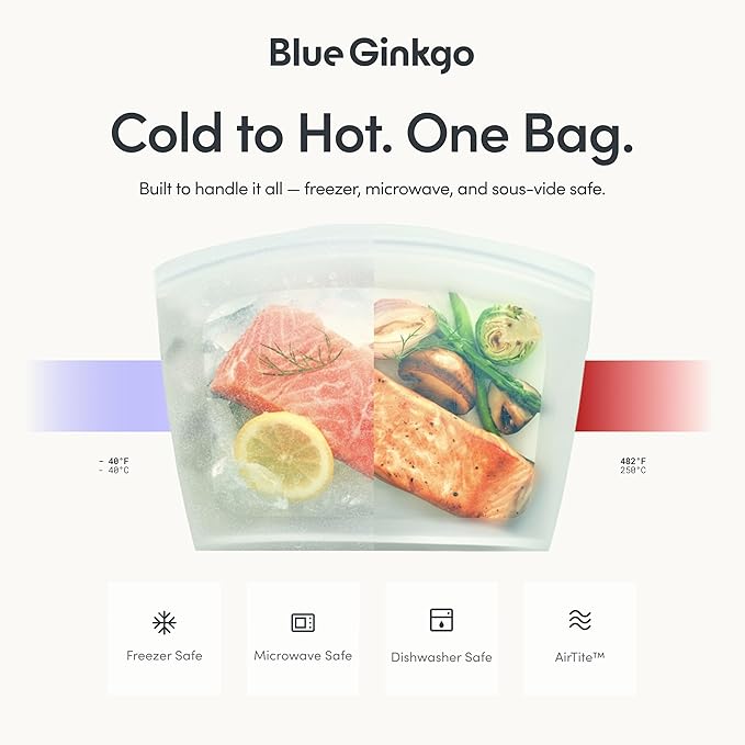 Blue Ginkgo Reusable Silicone Storage Bags – 4-Pack | Korean-Made Stand Up Food, Freezer Bags - Clear