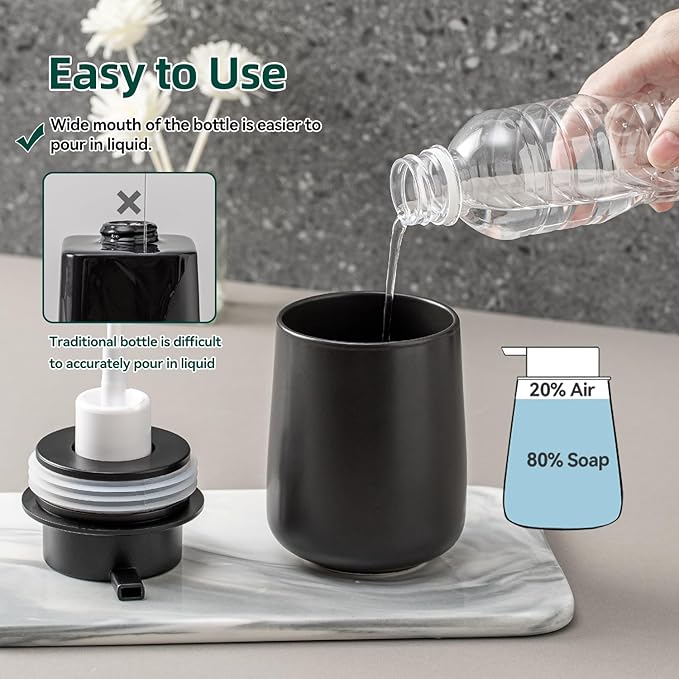 Black Foaming Soap Dispenser - Modern Ceramic Foam Hand Soap Dispenser Bathroom, 12 Oz Facial Cleanser Dispenser Bottle with Foam Pump, Refillable Wash Dish Dispenser for Kitchen
