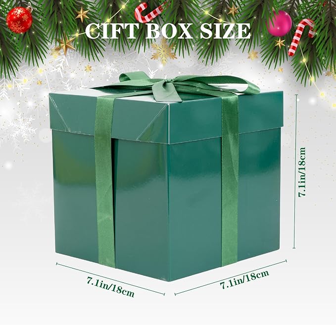 Jaywayang 5 Pack Green Gift Boxes with Lids, Ribbons and Tissue Papers Square Gift Boxes - 7.1 Inch - Christmas Presents Wrapping St. Patrick's Day Decoration Party Favor Boxes.
