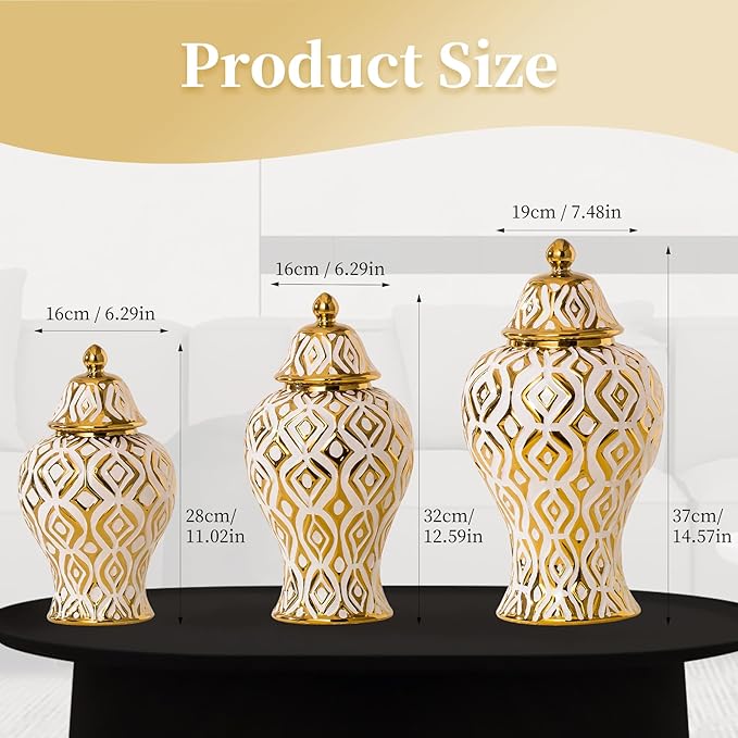 White and Gold Vase with Lid, Ginger Jars for Home Decor, Ceramic Flower Vase for Home, Kitchen, Bookshelf Decor, Storage jar, Table Center Vase, Centerpieces Jarrones(14.57in)