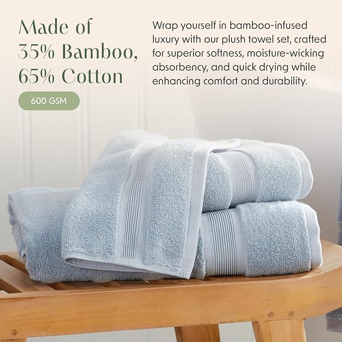 Springtree Home Luxury Bamboo Rayon Bath Towel Set of 4 | 35% Bamboo Rayon - 65% Cotton | Absorbent Quick-Dry Towels for Bathroom | Oeko-TEX Standard 100 Cotton | Blue Fog - 4 Pack