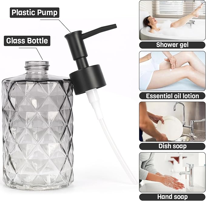 Glass Soap Dispenser with Plastic Pump, 2 Pack 12oz Gradient Diamond Design Black Soap Dispenser for Dishwashing Liquid, Lotion Shower Gel