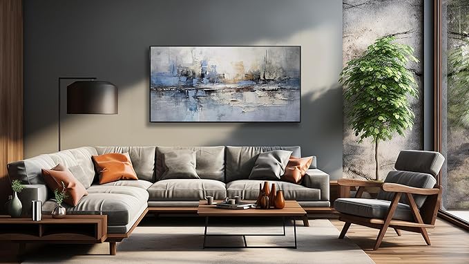 Abstract Wall Art Blue and White Reflection Large Size Framed Artwork Wall Decor Canvas Painting Stretched Canvas Wooden for Living Room Bedroom Office Home Decor Frame ready for hanging 31"x70"