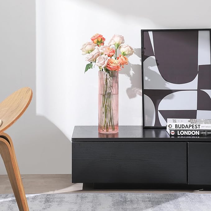 Pink Glass Vase, Glass Flower Vases, Ribbed Vase, Pink Vase, Tall Cylinder Glass Vases for Living Room, Bedroom, Dining Table, Office, Wedding, Bookshelf Decoration, 12 Inches