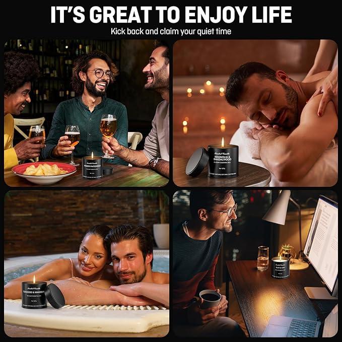 Scented Candle Gift Sets | Men's Gift Aromatherapy Candles | 4 Pack(32oz) Matte Black Tin Jar Long Burn Candle Sets for Men | Men Soy Wax Candle Gifts of Christmas,Boyfriend and Father's Day