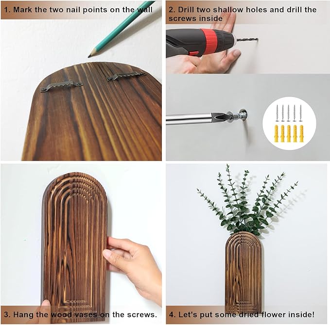 Wooden Wall Planter Vase Set of 2, Boho Hanging Planter for Indoor Plants & Flowers, Natural Wood Wall-Mounted Planters for Art Home Decor - Living Room, Bedroom, Bathroom, Patio (Brown)