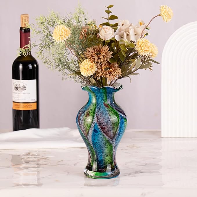KAMMAK Colored Glass Vase, Beautiful Hand Blown Decorative Vase, Modern Art Vase for Flower Mantle Dining Table Centerpiece, Entryway Living Room Wedding Decoration, FH010