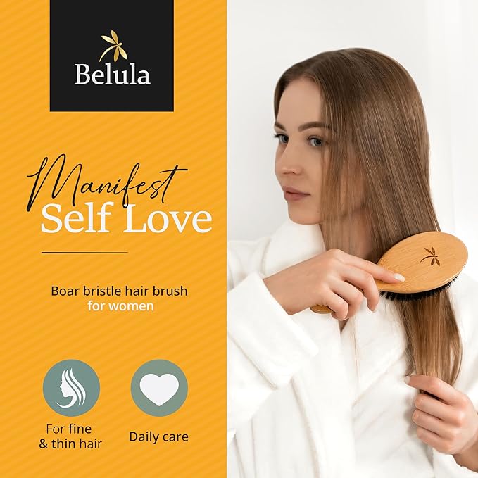 Belula 100% Boar Bristle Hair Brush Set (Medium). Soft Natural Bristles for Thin and Fine Hair. Restore Shine And Texture. Wooden Comb, Travel Bag and Spa Headband Included!