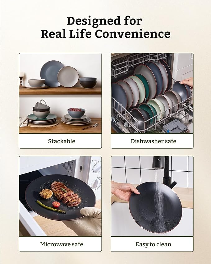 Famiware Venus Ceramic Plates and Bowls Sets, Dinnerware Dish Sets for 8 (24 Pieces) - Microwave and Dishwasher Safe, Matte Black