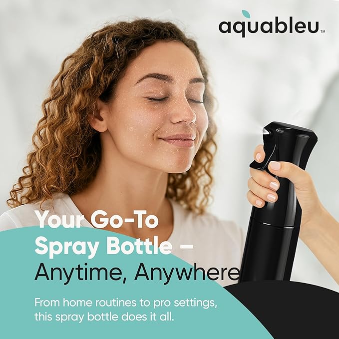 Aquableu Spray Bottle for Hair – Continuous Mist Spray Bottle for Hair Care, Styling, Cleaning, Plants, Pets & Essential Oils (Black, 10oz)