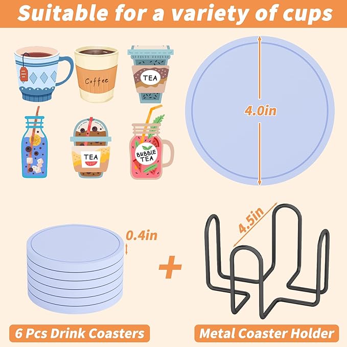 Azhou 6Pcs Drink Coaster with Holder, Baby Blue Absorbent Coasters for Drinks, Non-Slip with Velvet Bottom, Thick Heavy Duty 4 inch Ceramic Coasters, Home Decor Coffee Bar Accessories