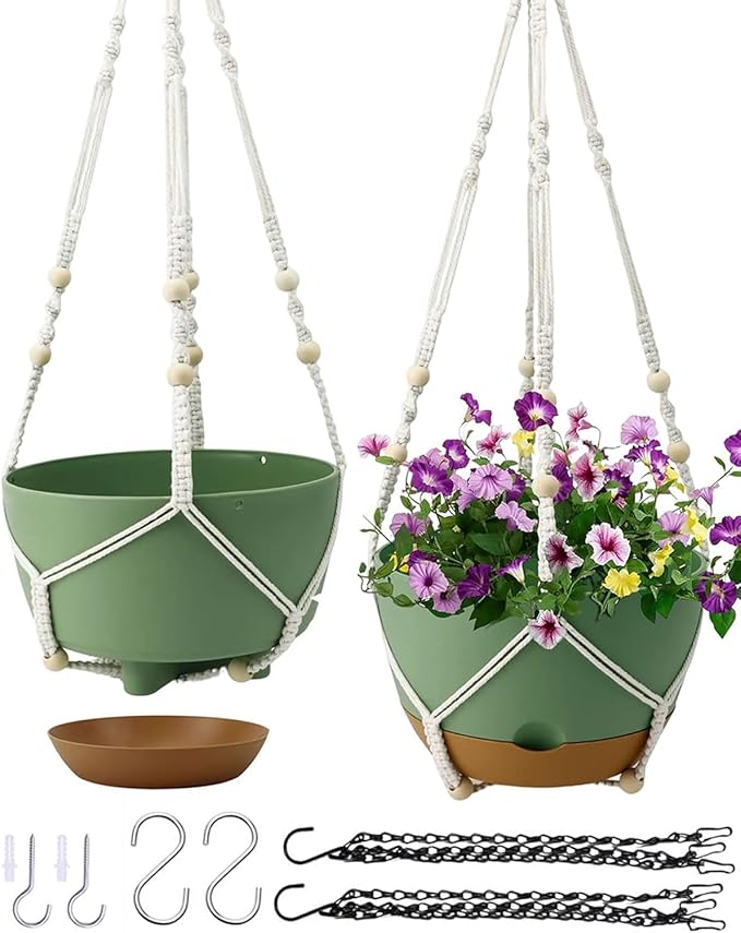 Hanging Planter Self Watering 10 Inch, 2 Pack Indoor Outdoor Hanging Baskets, Hanging Flower Pots with Drainage Hole & 2 Kinds of Plant Hangers for Garden Home Decor(Green)…