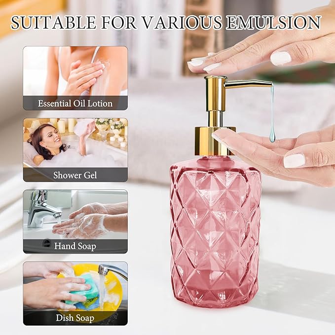 Glass Soap Dispenser with Pump, Soap Dispenser, Lotion Dispenser for Dishwashing Liquid, Lotion Shower Gel (Pink)