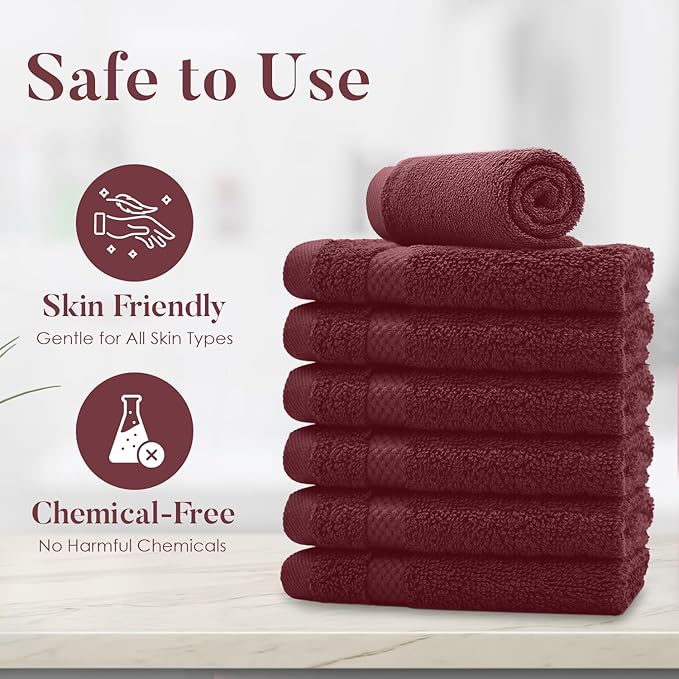 DAN RIVER 12-Pack Premium 100% Cotton Pomegranate Face Towels – Reusable Face Towel Set, Soft & Absorbent Luxury Wash Cloths for Bathroom & Body – Hand and Face Towels, 550 GSM (12x12 in)