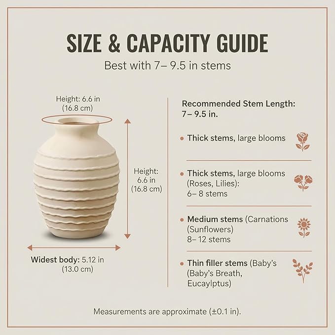 6.6-Inch Off-White Ceramic Flower Vase, Rustic Farmhouse Boho Pottery Centerpiece for Table, Living Room & Shelf