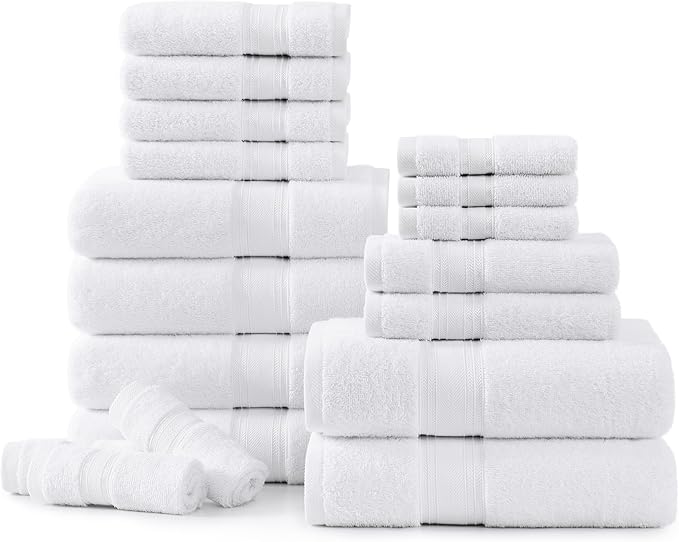 LANE LINEN Towel Set of 18 – 100% Ring-Spun Cotton, Zero Twist, 6 Large Bath Towel, 6 Hand Towels & 6 Wash Cloths, Quick Dry & Long-Lasting, Perfect for Family Bathrooms, Easy Care – White Towels