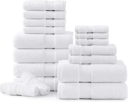 LANE LINEN Towel Set of 18 – 100% Ring-Spun Cotton, Zero Twist, 6 Large Bath Towel, 6 Hand Towels & 6 Wash Cloths, Quick Dry & Long-Lasting, Perfect for Family Bathrooms, Easy Care – White Towels