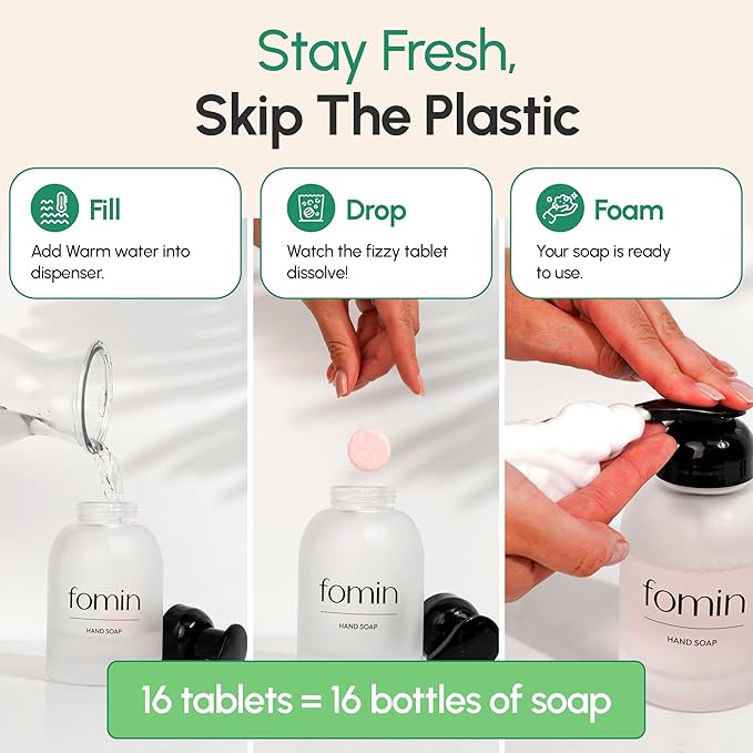 FOMIN Foaming Hand Soap Refills (16 Pack) - Basil Mandarin Foaming Hand Soap Tablets - Skin Friendly Foam Soap Refill for Hand Wash - Makes 128 fl oz (16 x 8 fl oz)