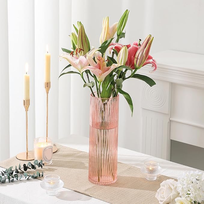 Pink Glass Vase, Glass Flower Vases, Ribbed Vase, Pink Vase, Tall Cylinder Glass Vases for Living Room, Bedroom, Dining Table, Office, Wedding, Bookshelf Decoration, 12 Inches