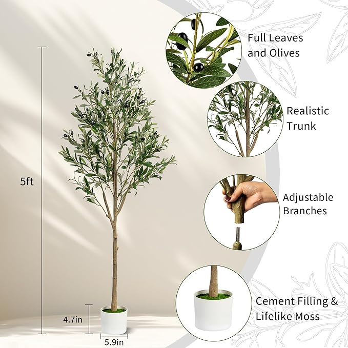 5FT Artificial Olive Tree, Indoor Faux Olive Tree Fake Potted Silk Olive Tree Plants with Lifelike Branches & Fruits for Home Office Decor