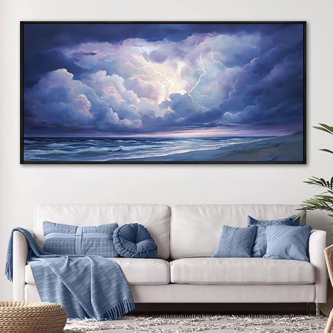 yiijeah Living Room Wall Decor - Modern Wall Art for Bedroom Office Decor Extra Large Abstract Thundercloud Beaches Coast Painting Framed Canvas Prints Ready to Hang Wall Pictures Home Decor