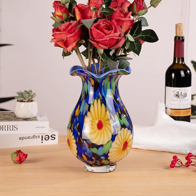 KAMMAK Colored Glass Vase, Beautiful Hand Blown Decorative Vase, Modern Art Vase for Flower Mantle Dining Table Centerpiece, Entryway Living Room Wedding Decoration, FH023