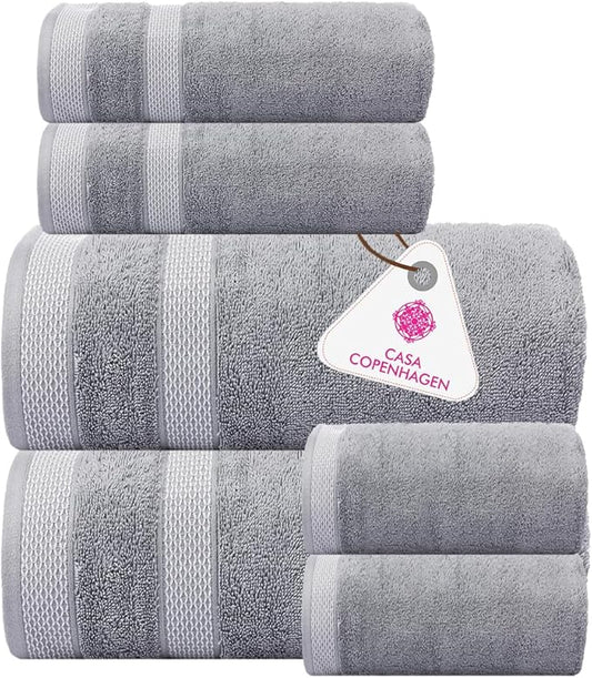 CASA COPENHAGEN Solitaire 6 Pieces Towel Set- Grey Violet, 600 GSM 2 Bath Towel 2 Hand Towel 2 Washcloth, Designed in Denmark Made of Soft Egyptian Cotton for Bathroom, Kitchen & Shower