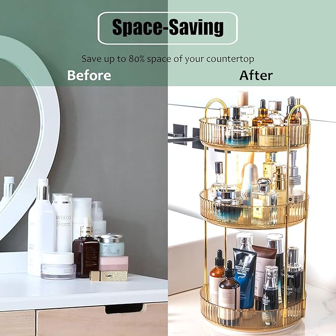 Rotating Makeup Organizer Countertop 3 Tier Lazy Susan Trays Clear Skincare Perfume Storage for Bathroom Counter Vanity, Amber Gold