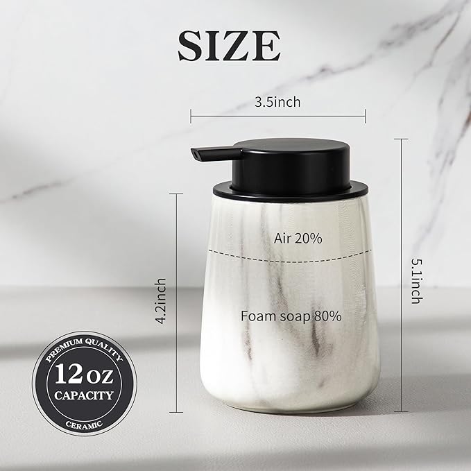 Enra Ceramic Soap Dispenser,12 oz Marble Lotion Dispenser Bathroom Liquid Refillable Hand Soap Dispenser for Bathroom Kitchen with Easy-to-Press Pump(Marble Liquid Type)