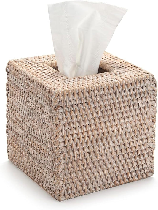 Rattan Tissue Box Cover Square, Wicker Tissue Box Holder, Decorative Woven Facial Tissue Holder for Bathroom, Kitchen, Living Room, Bedroom (Whitewash)